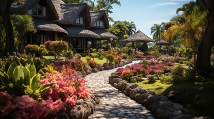 Obraz premium Thatched-roof cottages in a lush garden setting, colorful flowers and well-tended lawns, showcasing the quaint and picturesque aspect of village life,