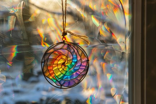Handcrafted suncatcher against a window vibrant colors dancing in light