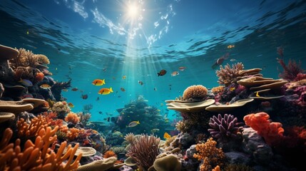 Vibrant coral reef teeming with colorful fish, intricate coral structures, clear blue water, showcasing the diversity and beauty of underwater ecosyst