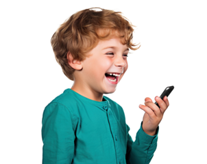 Happy young boy holding cellphone, cut out