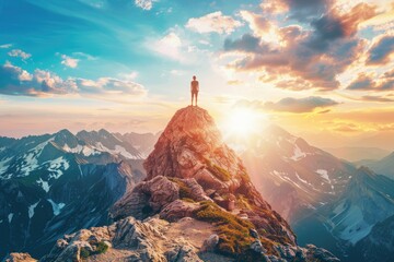 sunrise over the mountains. A man stands on the top of a mountain against the background of the shining sun. Concept: victory, feeling of freedom, achieving goals, overcoming difficulties, emotions of - obrazy, fototapety, plakaty