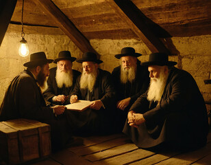Obraz na płótnie Canvas dawn in an attic in the israeli city of bnei brak, four rabbis sitting in the attic and discussing the tale of the exodus