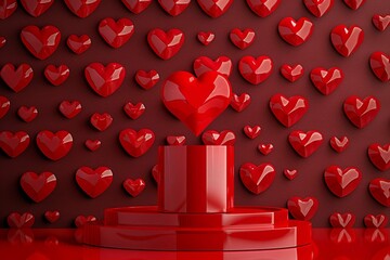 Red Valentines Day Pedestal podium mockup with Romantic heart Backdrop. 3D render of glossy red heart prominently displayed on a pedestal against a backdrop of multiple hearts in varying sizes