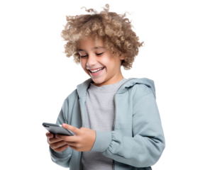Happy young boy holding cellphone, cut out