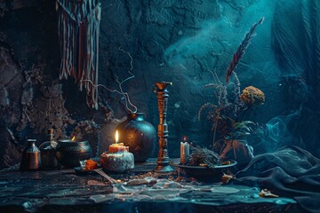 Shamanism, Magic Rituals and Practical Techniques. Magic shaman symbols and witchcraft staff still life