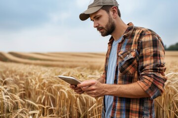 Naklejka na ściany i meble A man with a gadget in a wheat field. A farmer in a wheat field.