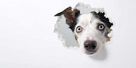 A cute dog looks out of a hole in a white wall. Advertising banner for pet store or veterinary clinic mockup.