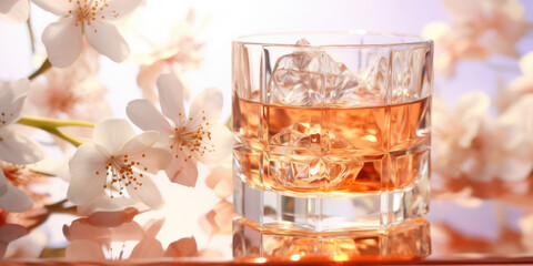 A wide glass of whiskey or brandy on a cherry blossom background. Spring banner layout for alcoholic drinks.