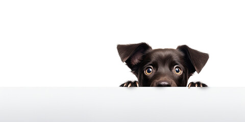 A cute black dog peeks out behind a white board. Advertising banner for pet store or veterinary clinic mockup.