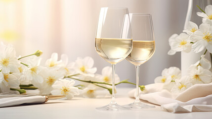 Two glasses of white wine with orchid flowers on a restaurant table. Spring alcoholic drinks banner layout.