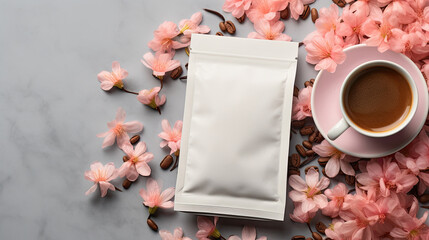 Top view of a coffee cup and drip coffee in a white package on a pink flowers background. Spring banner layout for coffee or tea. - obrazy, fototapety, plakaty