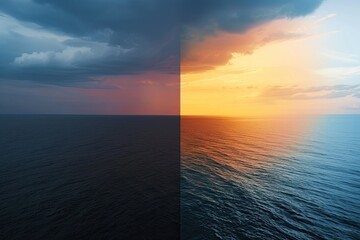 sunrise over the sea And the sunset over the sea. Seascape: The sea horizon. symbolizing the contrast of clear and gloomy weather, opposites, Conceptual: between light and darkness.