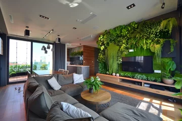 Acrylic prints Garden Vertical gardens at home room. Living green wall in modern interior design. DIY vertical garden ideas for home garden. AI generative