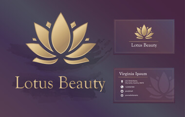 Beauty or spa salon, yoga, wellness, meditation logo with business card design. Lotus luxury gold flower matte vector logo