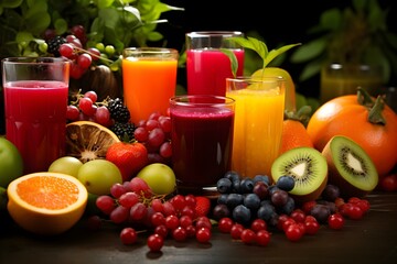 Freshly squeezed glasses of vibrant fruit and berry juices surrounded by a colorful assortment of ripe fruits. Concept Fruit Juice, Vibrant Colors, Fresh Fruits, Healthy Drinks, Juicy Beverages