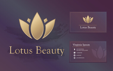Beauty or spa salon, yoga, wellness, meditation logo with business card design. Lotus luxury gold flower matte vector logo