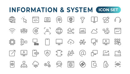 Global Connection, Cloud Data Technology Services, Information Line Icons. Programming coding set of web icons. Software development for and mobile app. Code, information technology, coder more.