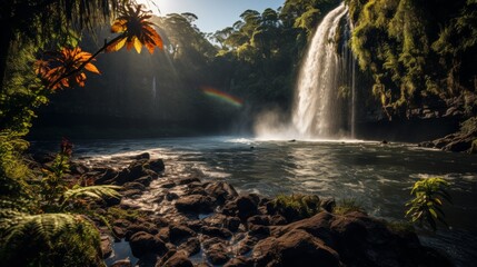 Fototapeta na wymiar Vibrant rainbow arching over a cascading waterfall, lush greenery surrounding, mist in the air, showcasing the harmony and color of natural spectacles