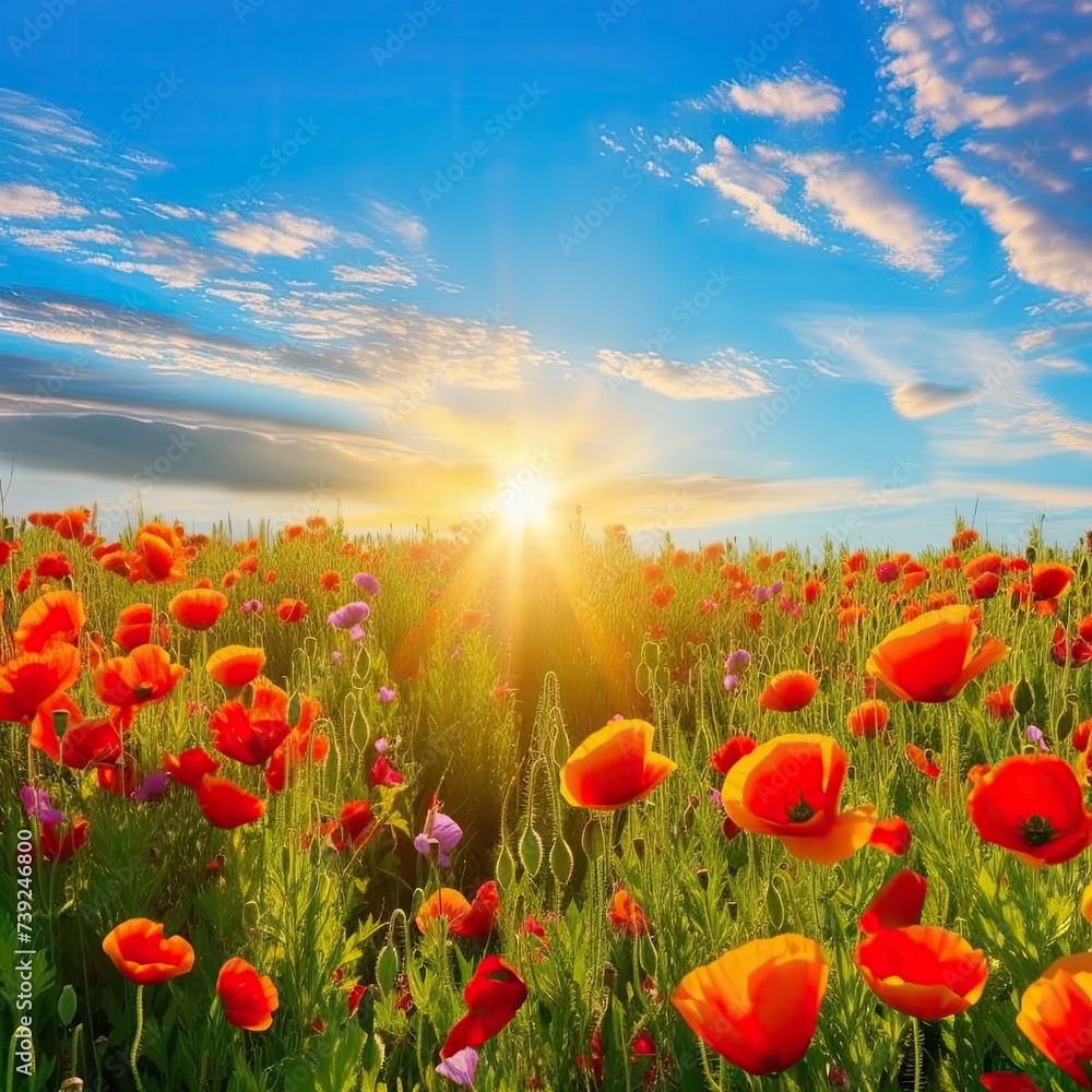 Sticker field of poppies and sun