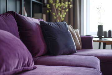 Sofa. Pillows or cushions. Soft colors. Guest or living room, dining room. Bedroom. Sunday morning activity. Relaxing. Modern. Yellow, purple, red
