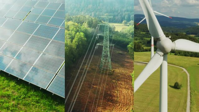 Collage of solar power station, power transmission lines and wind turbines is sustainable energy concept 