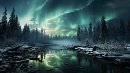 Northern lights (Aurora Borealis) over a frozen lake, reflections on the ice, pine trees in the foreground, capturing the ethereal beauty of polar ski - obrazy, fototapety, plakaty