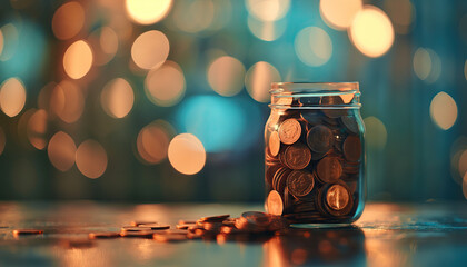 a jar full of coins on a table with bokeh background. saving money concept - obrazy, fototapety, plakaty