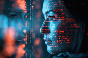 Abstract concept of a person's face merging with digital code, highlighting the interplay between genetics and programmed information