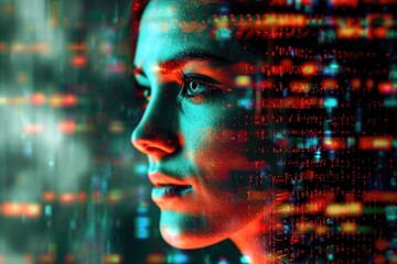 Abstract concept of a person's face merging with digital code, highlighting the interplay between genetics and programmed information