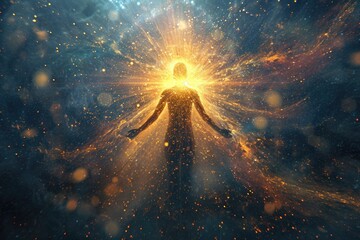 Abstract visualization of a person's aura radiating with rays of creativity, symbolizing the expansive and innovative nature of human potential