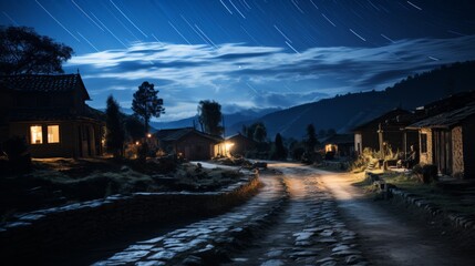 Obraz premium Night in a secluded village, starry sky above, houses dimly lit, a sense of solitude and calm, Photography, astrophotography techniques, long exposure