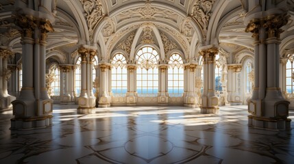 Obraz premium Grandiose interior of a historic building, intricate details, ornate ceilings and columns, showcasing the elegance of classical architecture, Photogra