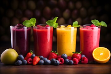 An array of vibrant fruit and berry juices in four glasses accompanied by fresh fruits and berries. Concept Fresh Juices, Vibrant Colors, Fruits and Berries, Healthy Drinks