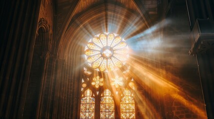 Sunlight streaming through a cathedrals rose window illuminating stories