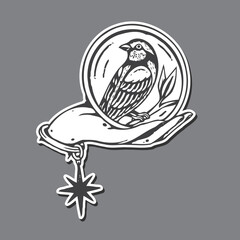 Bird With Hand In Old School Grunge Style.
