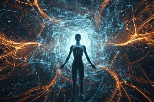 Artistic rendering of a person surrounded by magnetic fields, representing the potential impact on the body's electromagnetic balance.