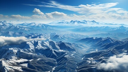 Fototapeta na wymiar Snow-covered mountain range from the air, showcasing the majesty and isolation of the terrain, Photorealistic, aerial mountain photography, 85mm lens,