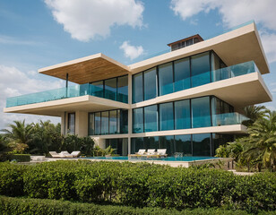 High-rise villa, super luxurious modern style, unique fancy, glass
