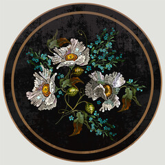White chamomile flowers. Embroidery style. Template tambour frame with a canvas, elements from stitches. Art for clothes