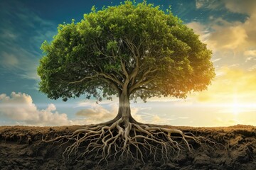 Artistic representation of a tree with roots delving into historical events and branches reaching into the future, symbolizing the interconnectedness of past and future