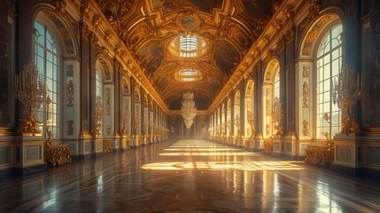 Interior view of a luxurious hall with rich gold decorations, ceiling frescoes and rows of arched windows Concept:, historical articles, publications on heritage buildings, architecture and interior d