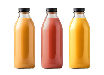 Fruit or vegetable juice in glass bottles set, isolated background. Transparent PNG