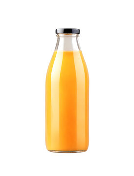 Orange juice in glass bottle, isolated background. Transparent PNG