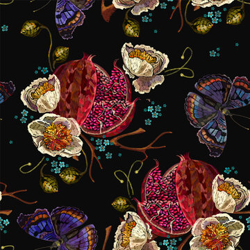 Yellow peonies flowers, butterflies and ripened pomegranate fruit. Embroidery floral style. Template for clothes, t-shirt design. Seamless pattern