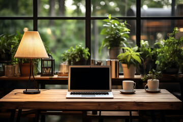 Fototapeta premium Workspace with laptop computer empty screen and office supply on wooden table