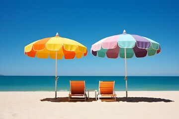 Colorful beach umbrella stands out against beach backdrop with sun loungers. Concept Beach Photography, Colorful Umbrella, Sun Loungers, Summer Vibes