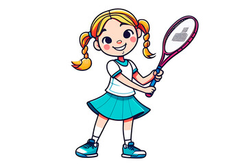a girl with white skin, light pigtails, holding a tennis racket in her hands, wearing a blue skirt and a white T-shirt. drawing on a white background.