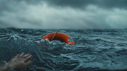 Lifebuoy floating on sea in storm weather, There was a person's hand immersed in water next to it. World Rescue day