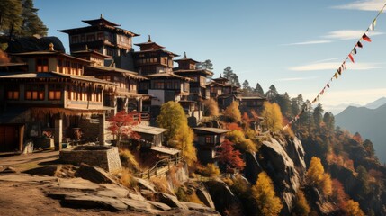 Peaceful Buddhist monastery in the mountains, traditional architecture, prayer flags fluttering, serene natural surroundings, symbolizing spirituality