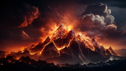 Volcanic eruption at night, glowing lava and ash plume against a starry sky, conveying the dramatic and powerful force of nature, Photorealistic, volc